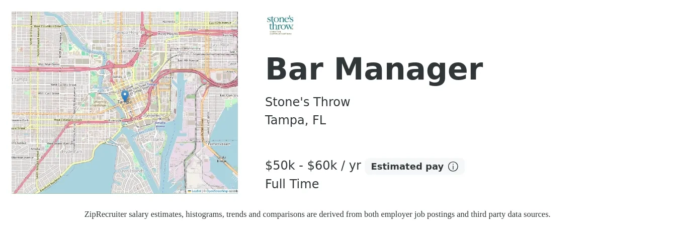 Stone's Throw job posting for a Bar Manager in Tampa, FL with a salary of $50,000 to $60,000 Yearly with a map of Tampa location.