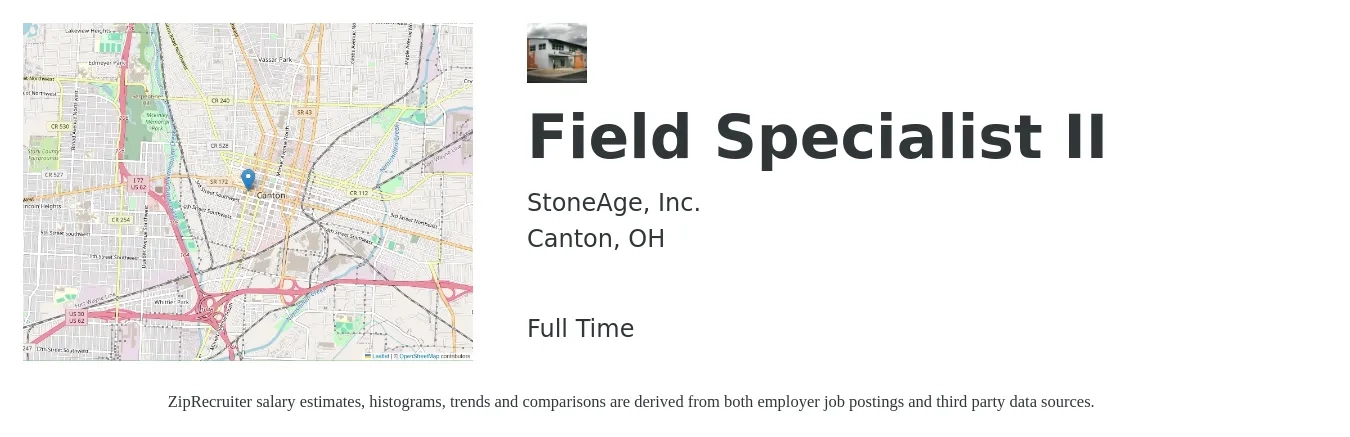 StoneAge, Inc. job posting for a Field Specialist II in Canton, OH with a salary of $34 Hourly with a map of Canton location.