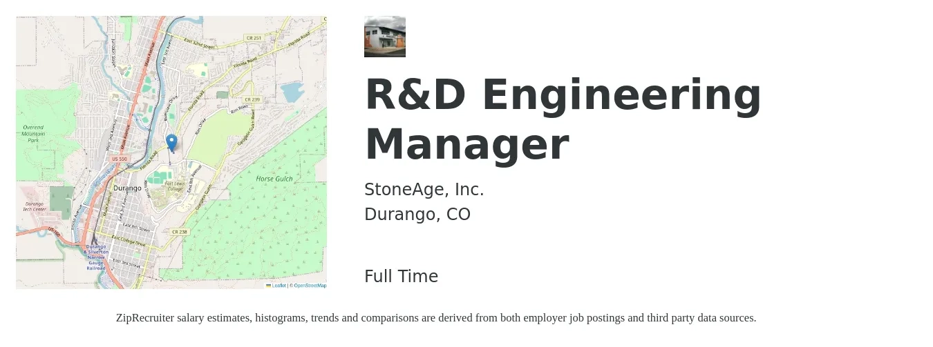 StoneAge, Inc. job posting for a R&D Engineering Manager in Durango, CO with a salary of $108,600 to $161,300 Yearly with a map of Durango location.