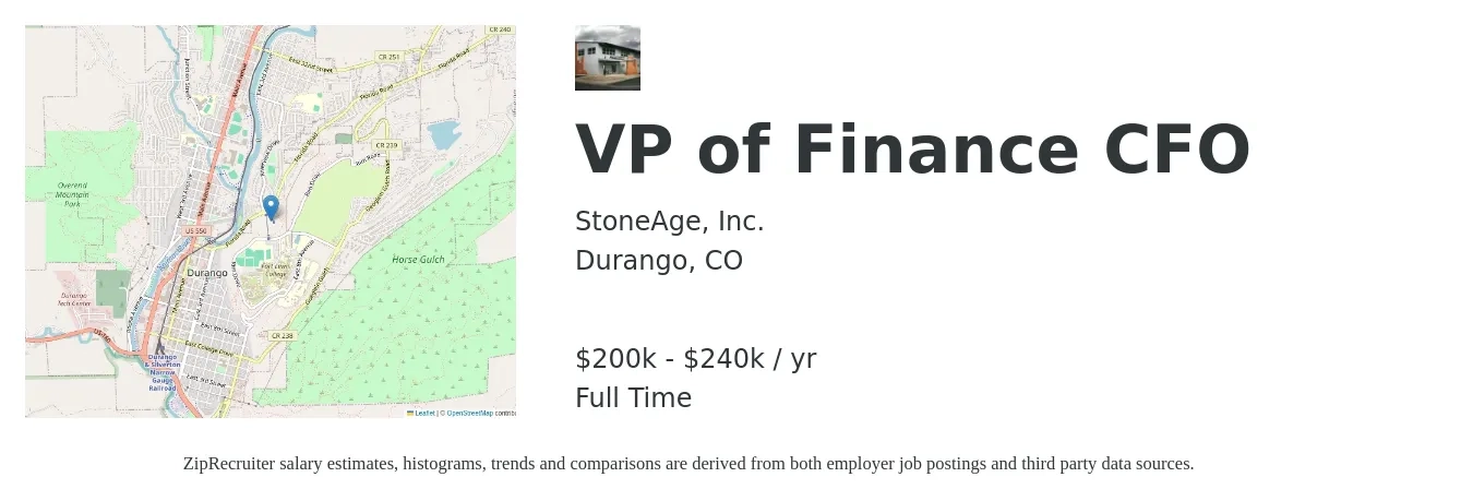 StoneAge, Inc. job posting for a VP of Finance CFO in Durango, CO with a salary of $200,000 to $240,000 Yearly with a map of Durango location.