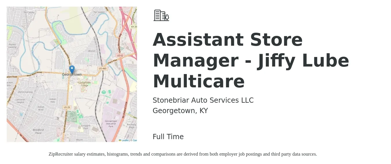 Stonebriar Auto Services LLC job posting for a Assistant Store Manager - Jiffy Lube Multicare in Georgetown, KY with a salary of $14 to $20 Hourly with a map of Georgetown location.