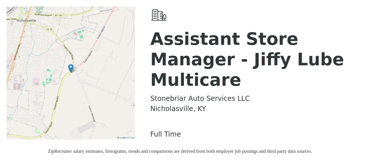 Stonebriar Auto Services LLC job posting for a Assistant Store Manager - Jiffy Lube Multicare in Nicholasville, KY with a salary of $14 to $20 Hourly with a map of Nicholasville location.