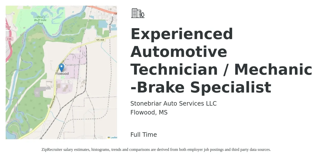 Stonebriar Auto Services LLC job posting for a Experienced Automotive Technician / Mechanic -Brake Specialist in Flowood, MS with a salary of $12 to $19 Hourly with a map of Flowood location.