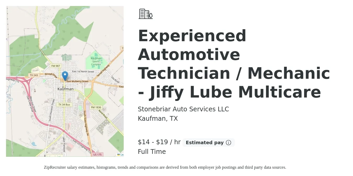 Stonebriar Auto Services LLC job posting for a Experienced Automotive Technician / Mechanic - Jiffy Lube Multicare in Kaufman, TX with a salary of $15 to $20 Hourly with a map of Kaufman location.