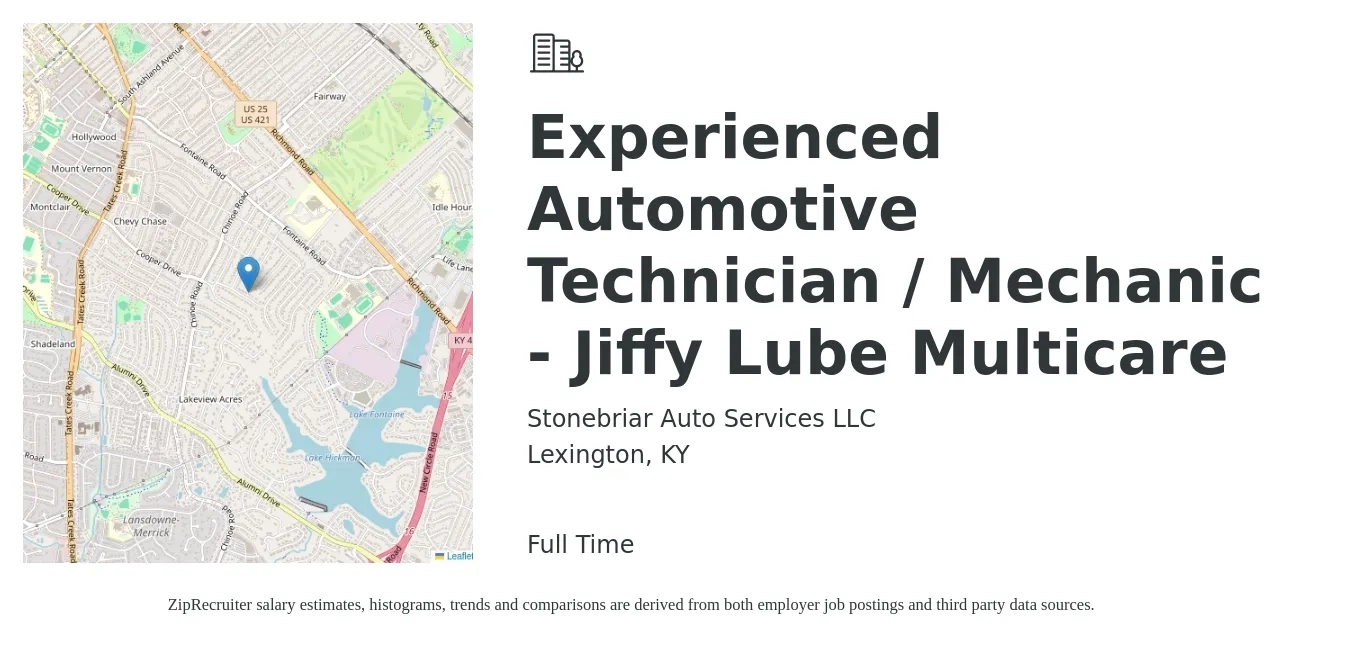 Stonebriar Auto Services LLC job posting for a Experienced Automotive Technician / Mechanic - Jiffy Lube Multicare in Lexington, KY with a salary of $13 to $20 Hourly with a map of Lexington location.