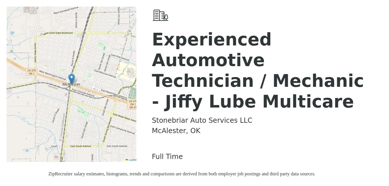 Stonebriar Auto Services LLC job posting for a Experienced Automotive Technician / Mechanic - Jiffy Lube Multicare in McAlester, OK with a salary of $13 to $20 Hourly with a map of McAlester location.