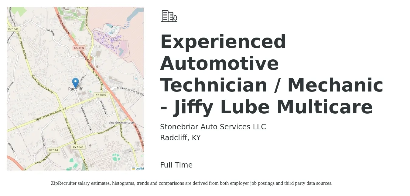 Stonebriar Auto Services LLC job posting for a Experienced Automotive Technician / Mechanic - Jiffy Lube Multicare in Radcliff, KY with a salary of $13 to $20 Hourly with a map of Radcliff location.