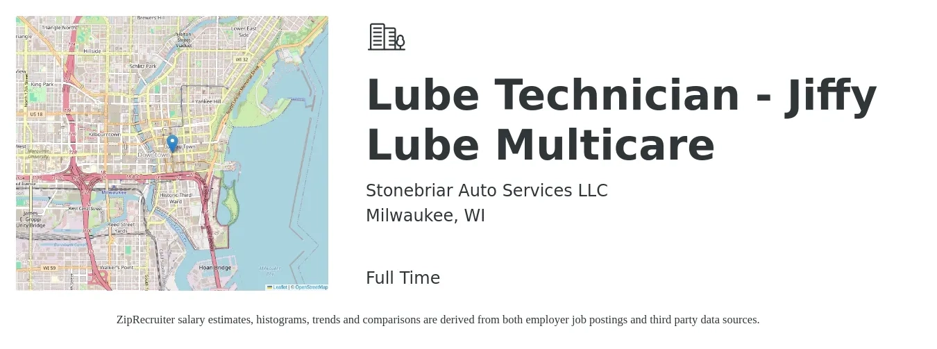 Stonebriar Auto Services LLC job posting for a Lube Technician - Jiffy Lube Multicare in Milwaukee, WI with a salary of $14 to $19 Hourly with a map of Milwaukee location.