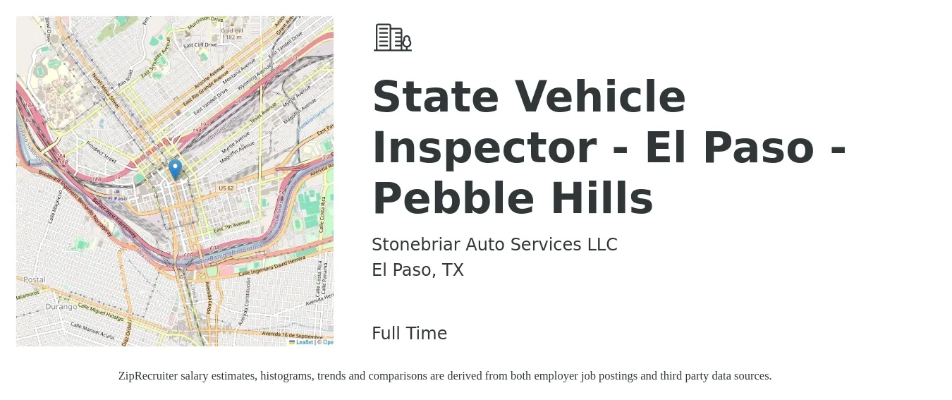 Stonebriar Auto Services LLC job posting for a State Vehicle Inspector - El Paso - Pebble Hills in El Paso, TX with a salary of $16 to $36 Hourly with a map of El Paso location.