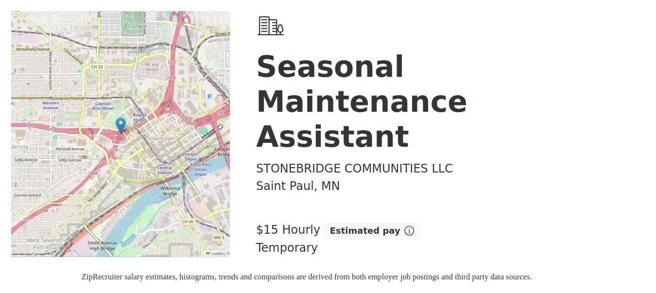 STONEBRIDGE COMMUNITIES LLC job posting for a Seasonal Maintenance Assistant in Saint Paul, MN with a salary of $16 Hourly with a map of Saint Paul location.
