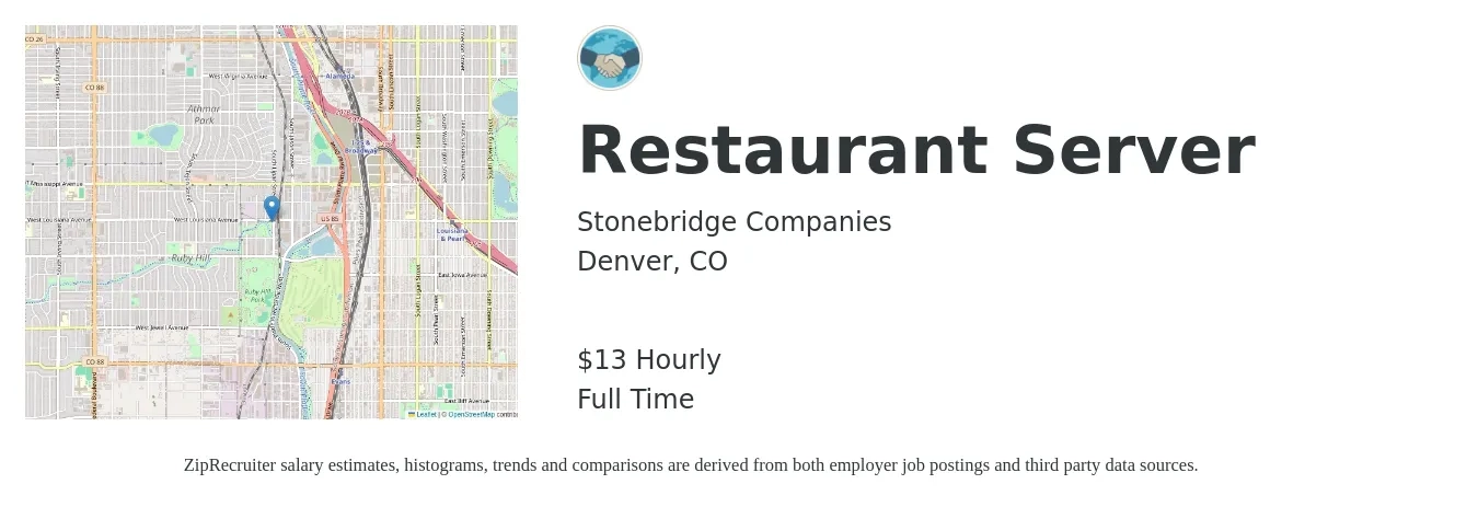 Stonebridge Companies job posting for a Restaurant Server in Denver, CO with a salary of $10 to $16 Hourly with a map of Denver location.