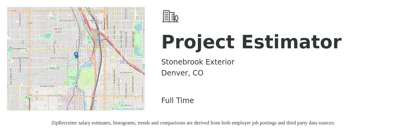 Stonebrook Exterior job posting for a Project Estimator in Denver, CO with a salary of $63,600 to $94,300 Yearly with a map of Denver location.
