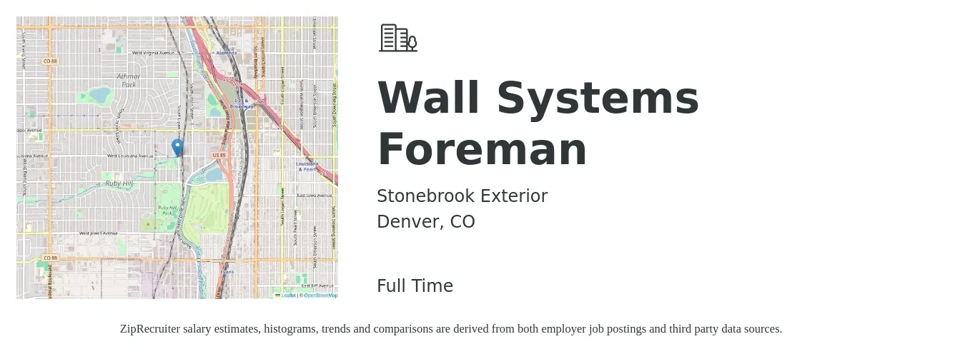 Stonebrook Exterior job posting for a Wall Systems Foreman in Denver, CO with a salary of $26 to $36 Hourly with a map of Denver location.