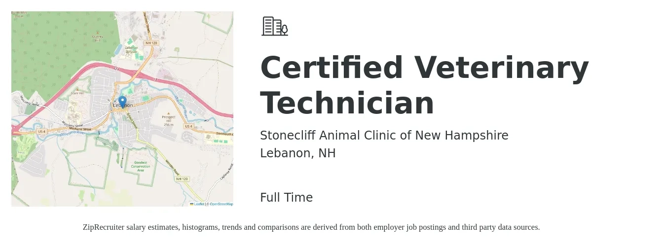 Stonecliff Animal Clinic of New Hampshire job posting for a Certified Veterinary Technician in Lebanon, NH with a salary of $21 to $29 Hourly with a map of Lebanon location.