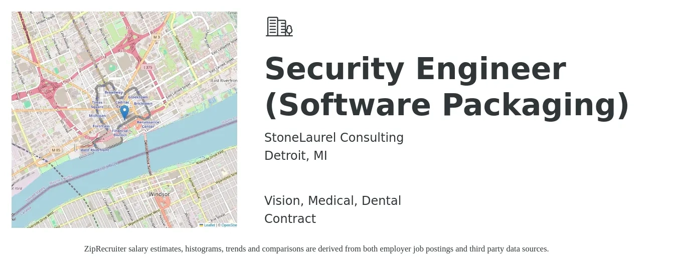 StoneLaurel Consulting job posting for a Security Engineer (Software Packaging) in Detroit, MI with a salary of $141,600 to $156,900 Yearly and benefits including medical, retirement, vision, and dental with a map of Detroit location.
