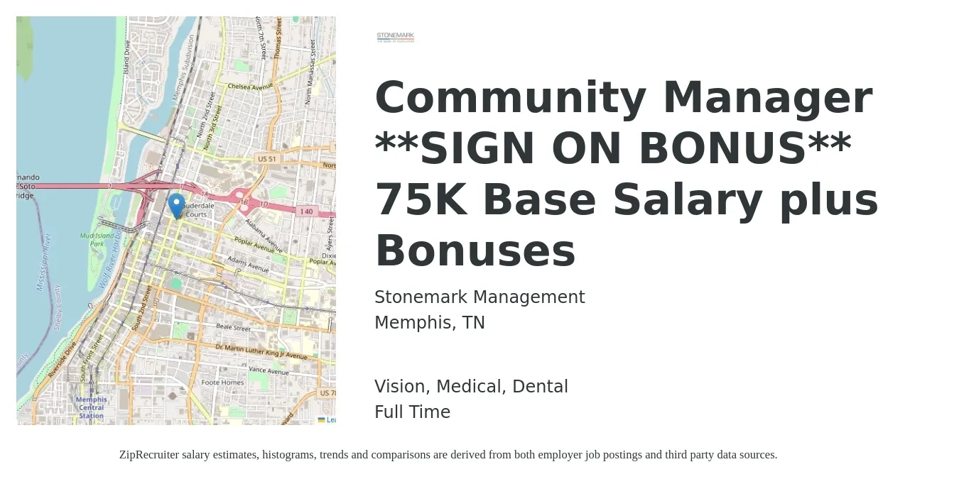 Stonemark Management job posting for a Community Manager **SIGN ON BONUS** 75K Base Salary plus Bonuses in Memphis, TN with a salary of $45,700 to $65,100 Yearly and benefits including dental, life_insurance, medical, retirement, and vision with a map of Memphis location.