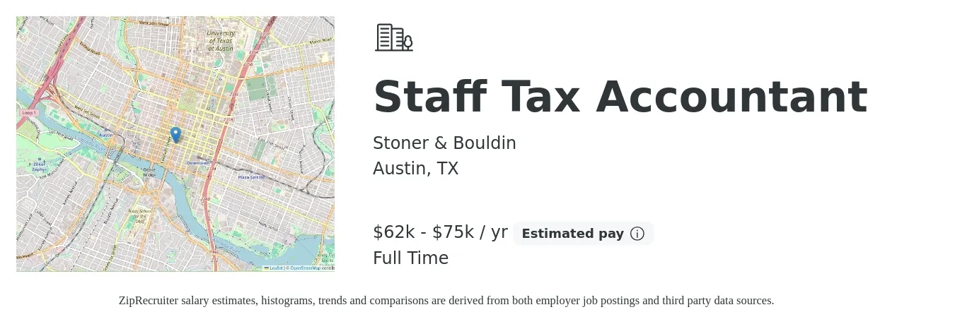 Stoner & Bouldin job posting for a Staff Tax Accountant in Austin, TX with a salary of $62,000 to $75,000 Yearly and benefits including pto, and retirement with a map of Austin location.