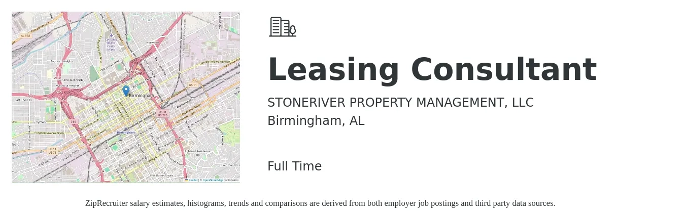 STONERIVER PROPERTY MANAGEMENT, LLC job posting for a Leasing Consultant in Birmingham, AL with a salary of $16 to $18 Hourly with a map of Birmingham location.