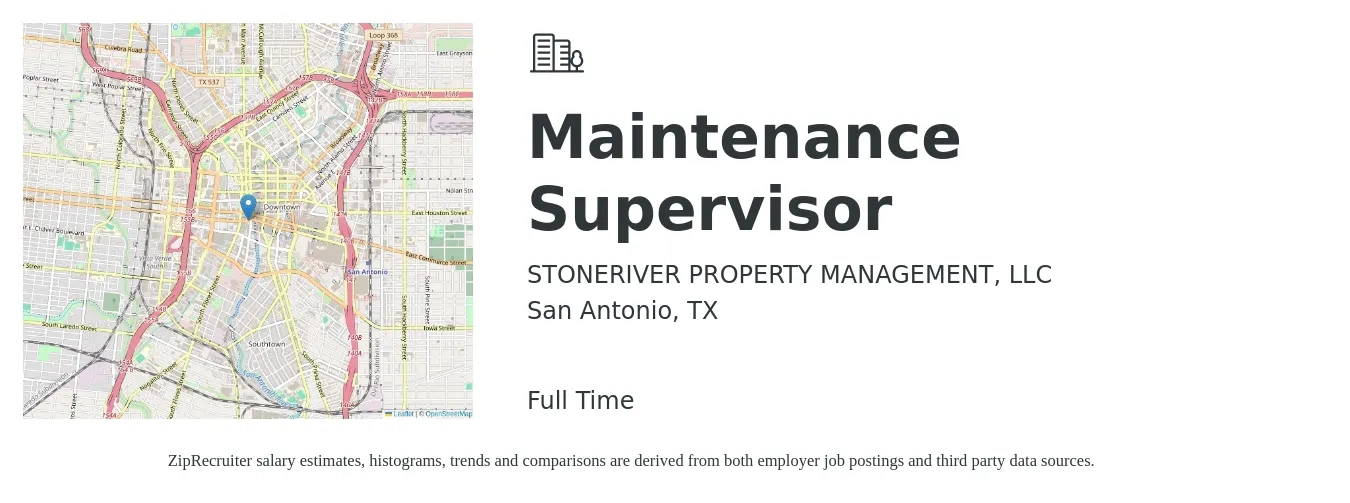 STONERIVER PROPERTY MANAGEMENT, LLC job posting for a Maintenance Supervisor in San Antonio, TX with a salary of $22 to $36 Hourly with a map of San Antonio location.