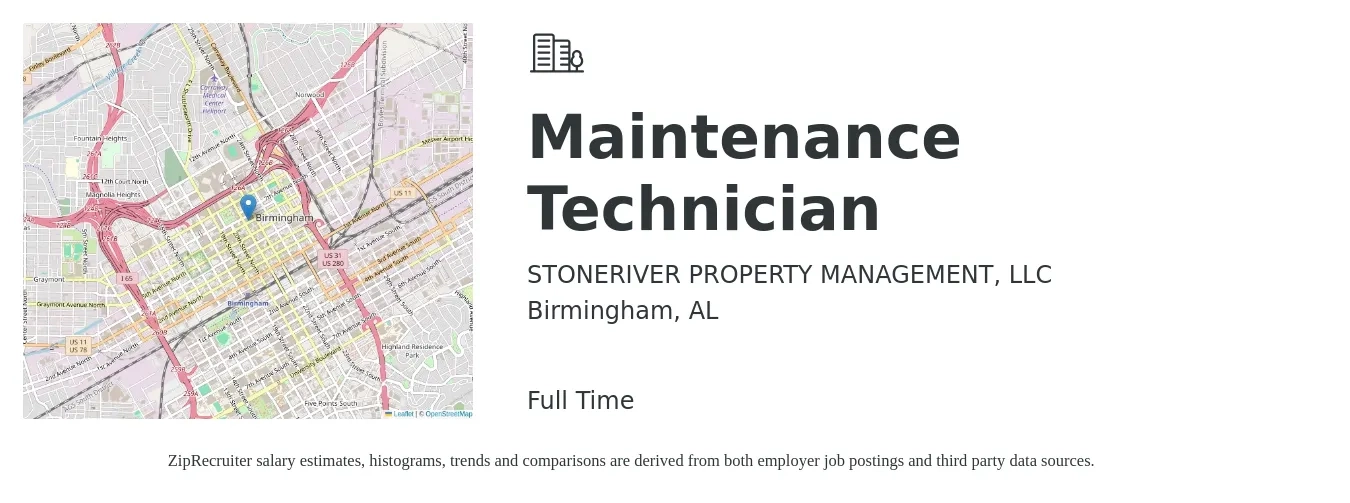 STONERIVER PROPERTY MANAGEMENT, LLC job posting for a Maintenance Technician in Birmingham, AL with a salary of $18 to $25 Hourly with a map of Birmingham location.