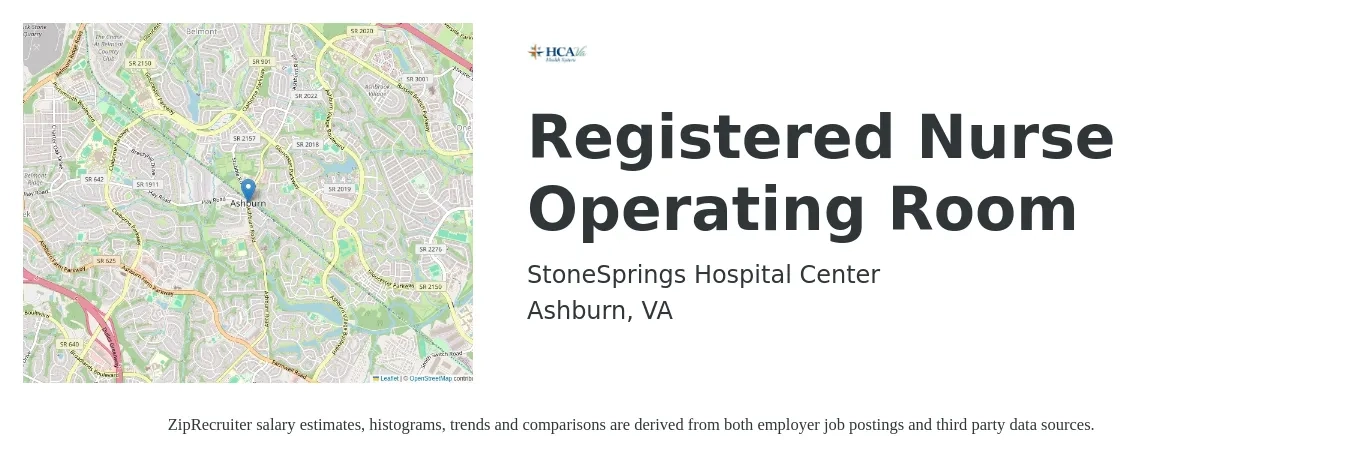 StoneSprings Hospital Center job posting for a Registered Nurse Operating Room in Ashburn, VA with a salary of $2,070 to $3,210 Weekly with a map of Ashburn location.