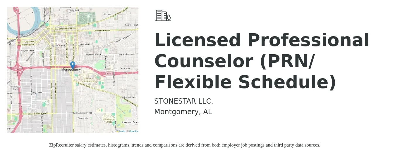 STONESTAR LLC. job posting for a Licensed Professional Counselor (PRN/ Flexible Schedule) in Montgomery, AL with a salary of $49,100 to $67,200 Yearly with a map of Montgomery location.