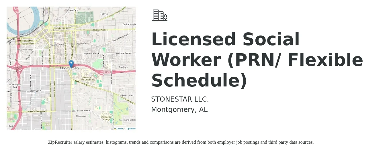 STONESTAR LLC. job posting for a Licensed Social Worker (PRN/ Flexible Schedule) in Montgomery, AL with a salary of $49,600 to $76,900 Yearly with a map of Montgomery location.