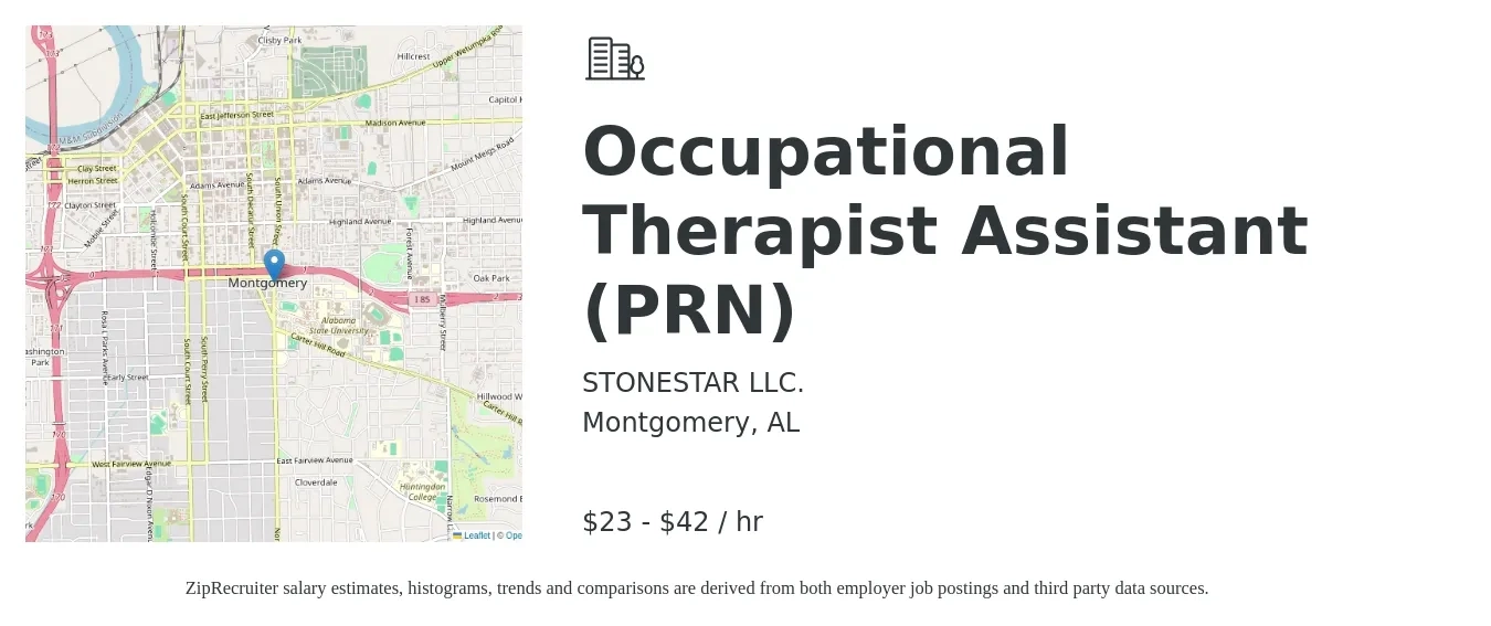 STONESTAR LLC. job posting for a Occupational Therapist Assistant (PRN) in Montgomery, AL with a salary of $24 to $44 Hourly with a map of Montgomery location.