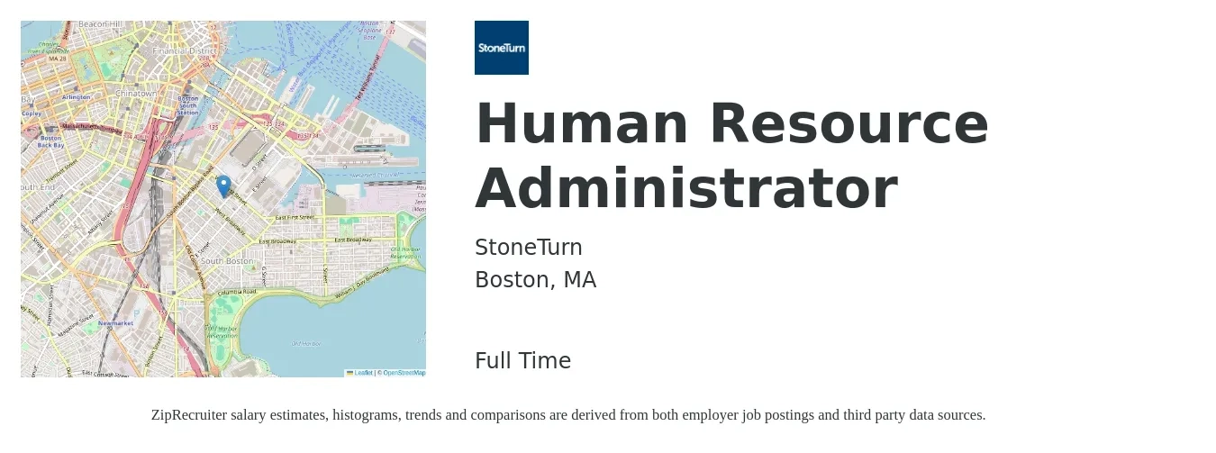 StoneTurn job posting for a Human Resource Administrator in Boston, MA with a salary of $24 to $34 Hourly with a map of Boston location.