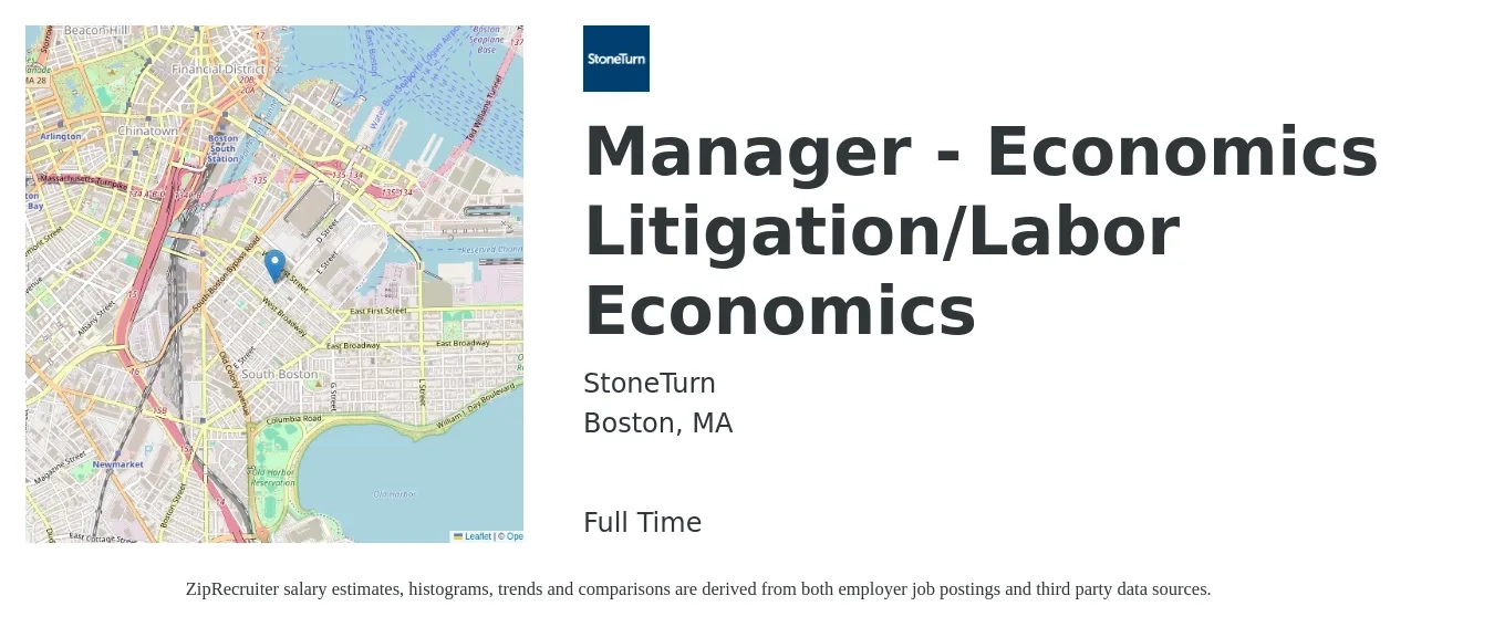 StoneTurn job posting for a Manager - Economics Litigation/Labor Economics in Boston, MA with a salary of $67 to $80 Hourly with a map of Boston location.