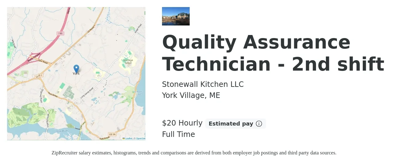 Stonewall Kitchen LLC job posting for a Quality Assurance Technician - 2nd shift in York Village, ME with a salary of $23 Hourly with a map of York Village location.