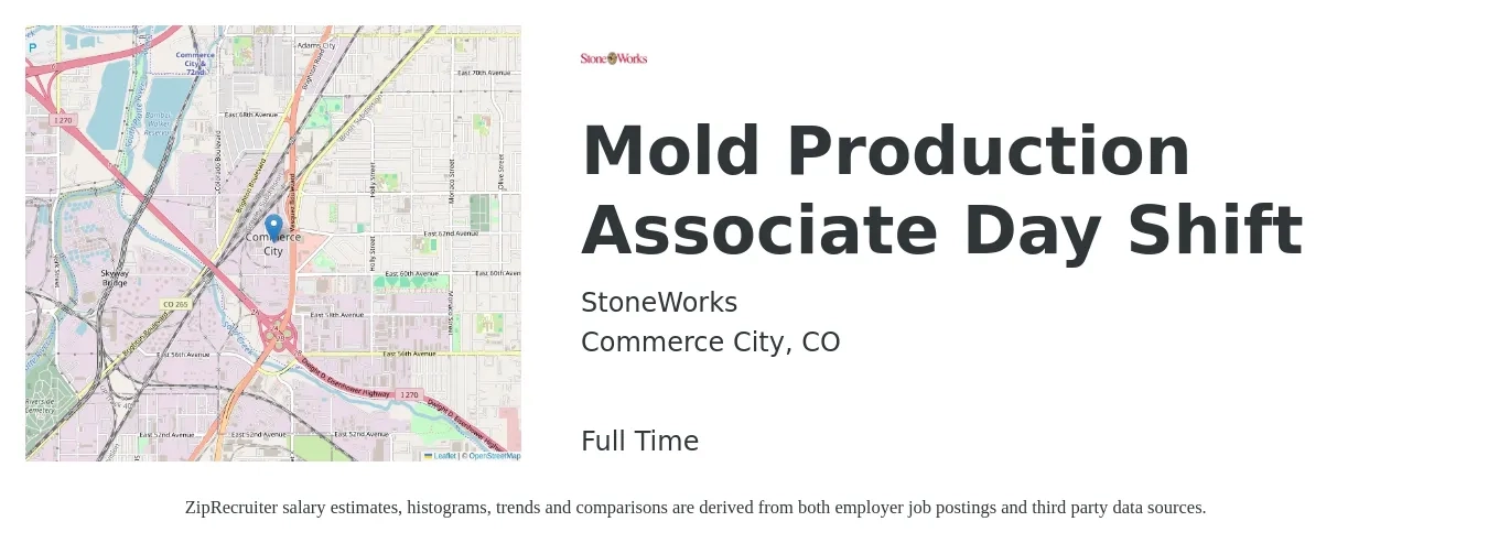 StoneWorks job posting for a Mold Production Associate Day Shift in Commerce City, CO with a salary of $20 Hourly with a map of Commerce City location.