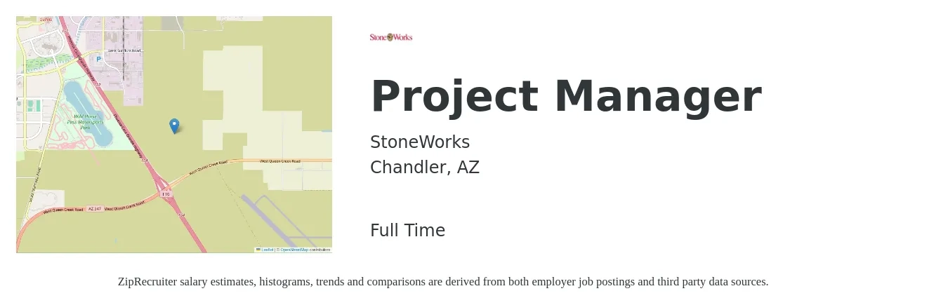 StoneWorks job posting for a Project Manager in Chandler, AZ with a salary of $77,300 to $121,100 Yearly with a map of Chandler location.