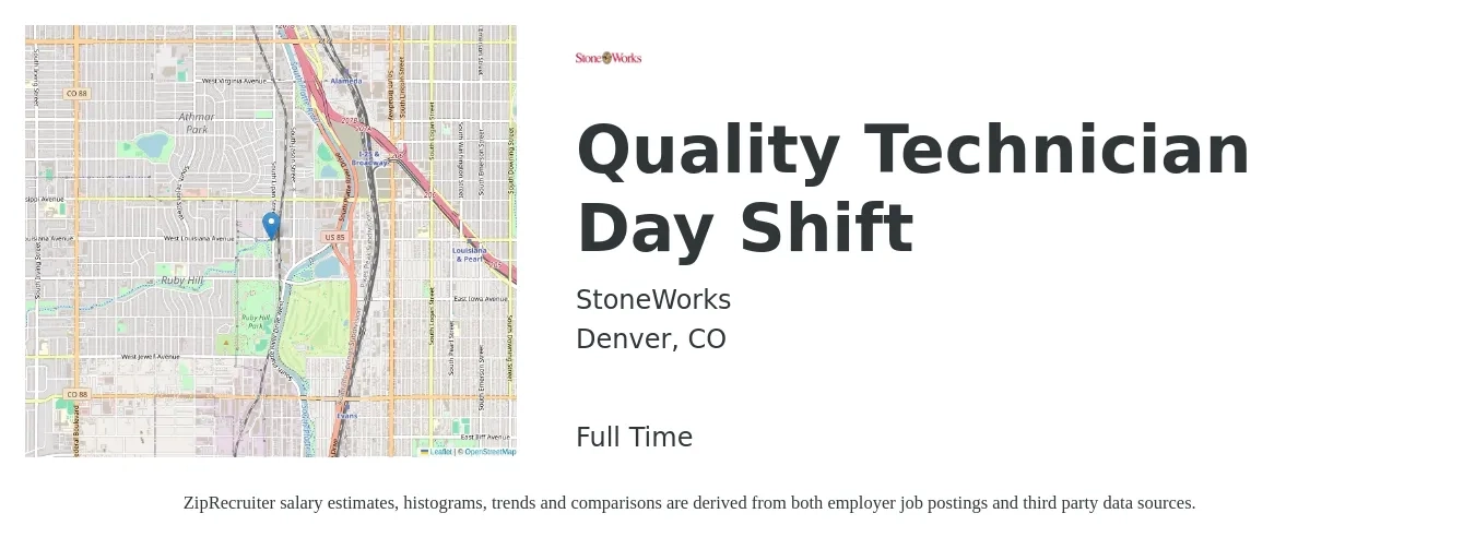 StoneWorks job posting for a Quality Technician Day Shift in Denver, CO with a salary of $24 Hourly with a map of Denver location.