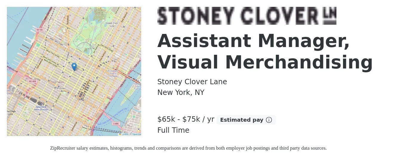 Stoney Clover Lane job posting for a Assistant Manager, Visual Merchandising in New York, NY with a salary of $65,000 to $75,000 Yearly with a map of New York location.