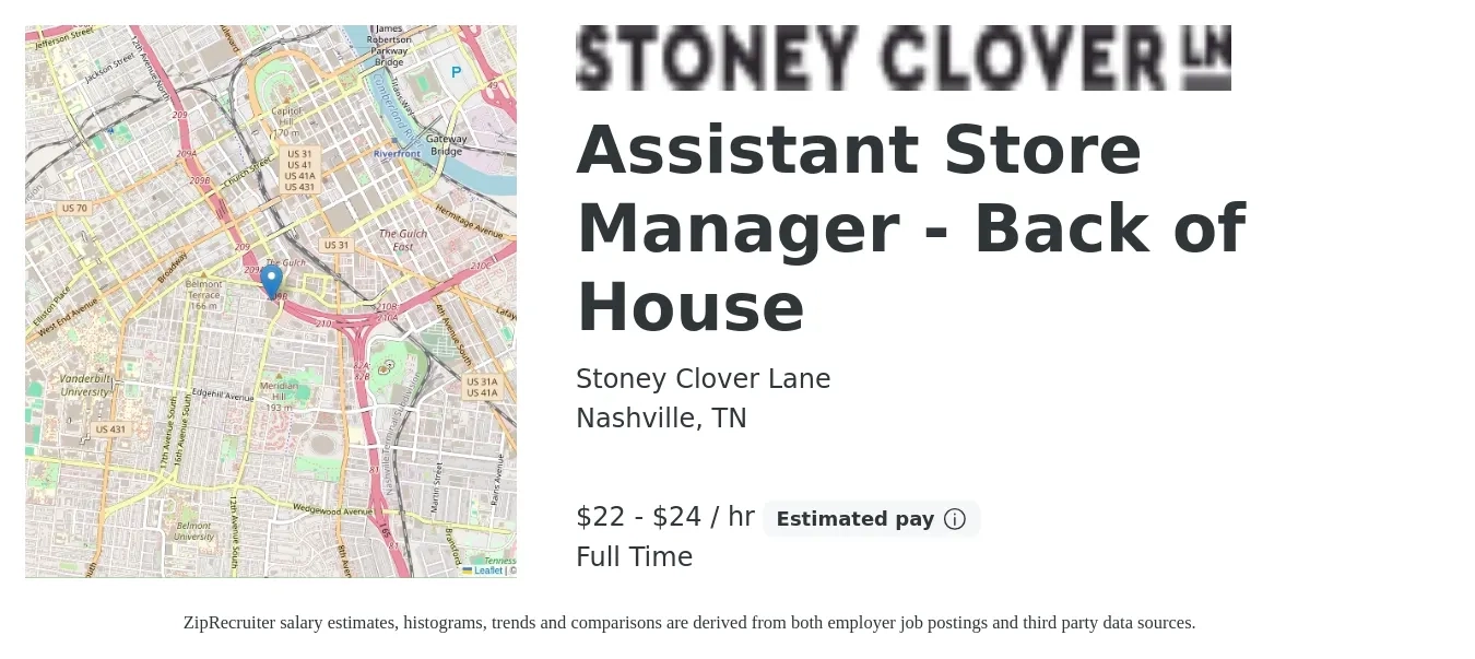 Stoney Clover Lane job posting for a Assistant Store Manager - Back of House in Nashville, TN with a salary of $23 to $25 Hourly with a map of Nashville location.