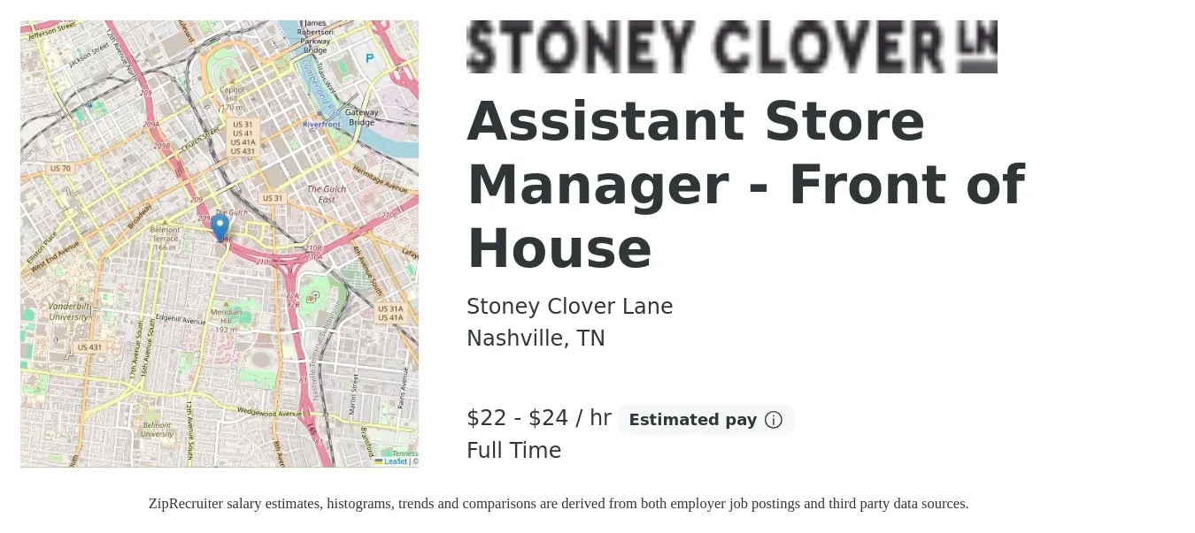 Stoney Clover Lane job posting for a Assistant Store Manager - Front of House in Nashville, TN with a salary of $23 to $25 Hourly with a map of Nashville location.