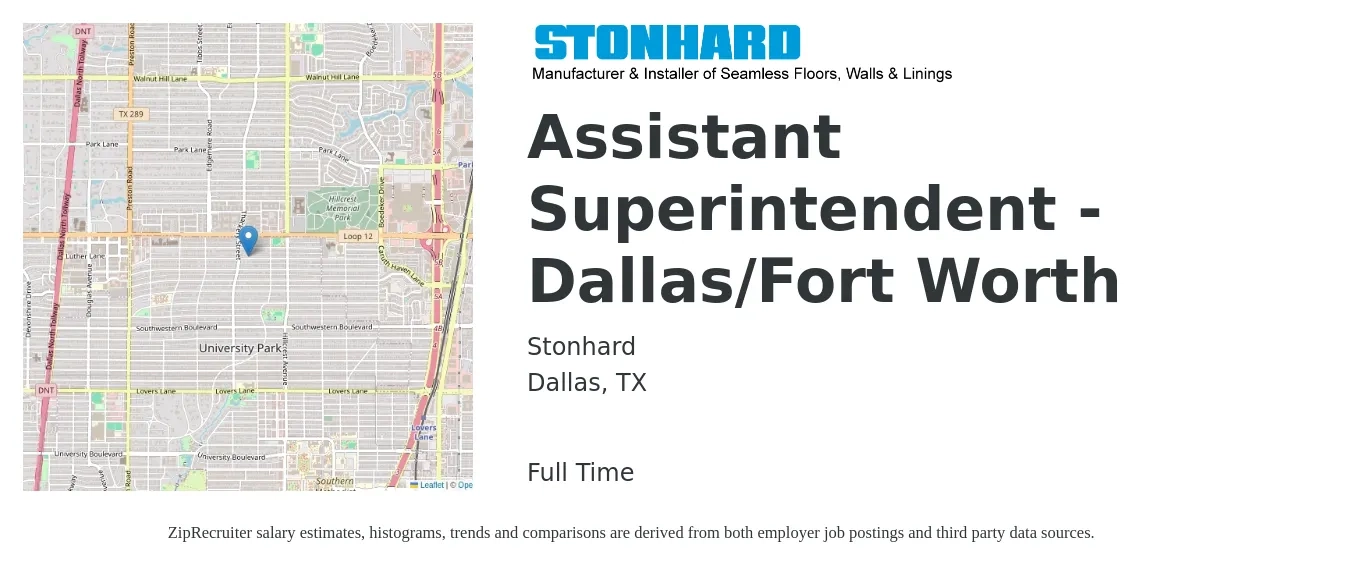 Stonhard job posting for a Assistant Superintendent - Dallas/Fort Worth in Dallas, TX with a salary of $35,600 to $72,700 Yearly with a map of Dallas location.