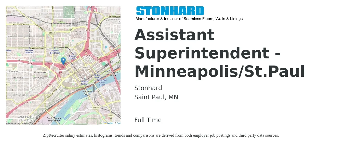 Stonhard job posting for a Assistant Superintendent - Minneapolis/St.Paul in Saint Paul, MN with a salary of $36,400 to $74,300 Yearly with a map of Saint Paul location.