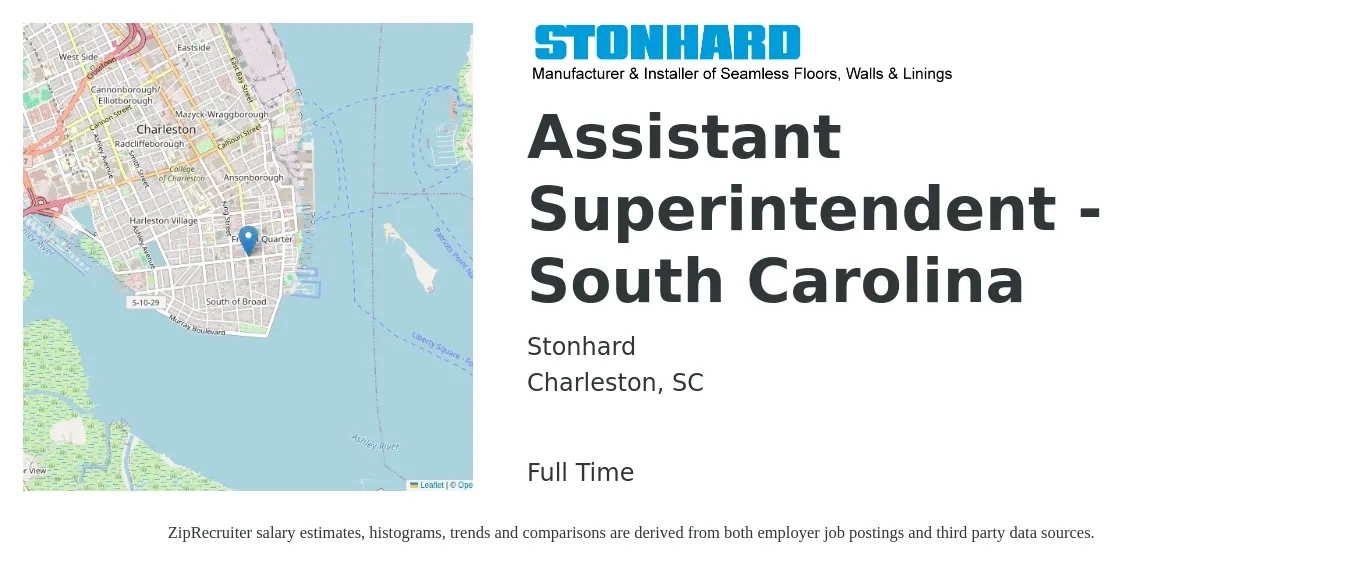 Stonhard job posting for a Assistant Superintendent - South Carolina in Charleston, SC with a salary of $33,700 to $68,800 Yearly with a map of Charleston location.