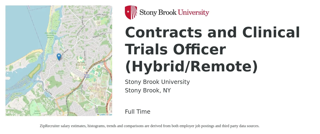 Stony Brook University job posting for a Contracts and Clinical Trials Officer (Hybrid/Remote) in Stony Brook, NY with a salary of $66,700 to $90,600 Yearly with a map of Stony Brook location.