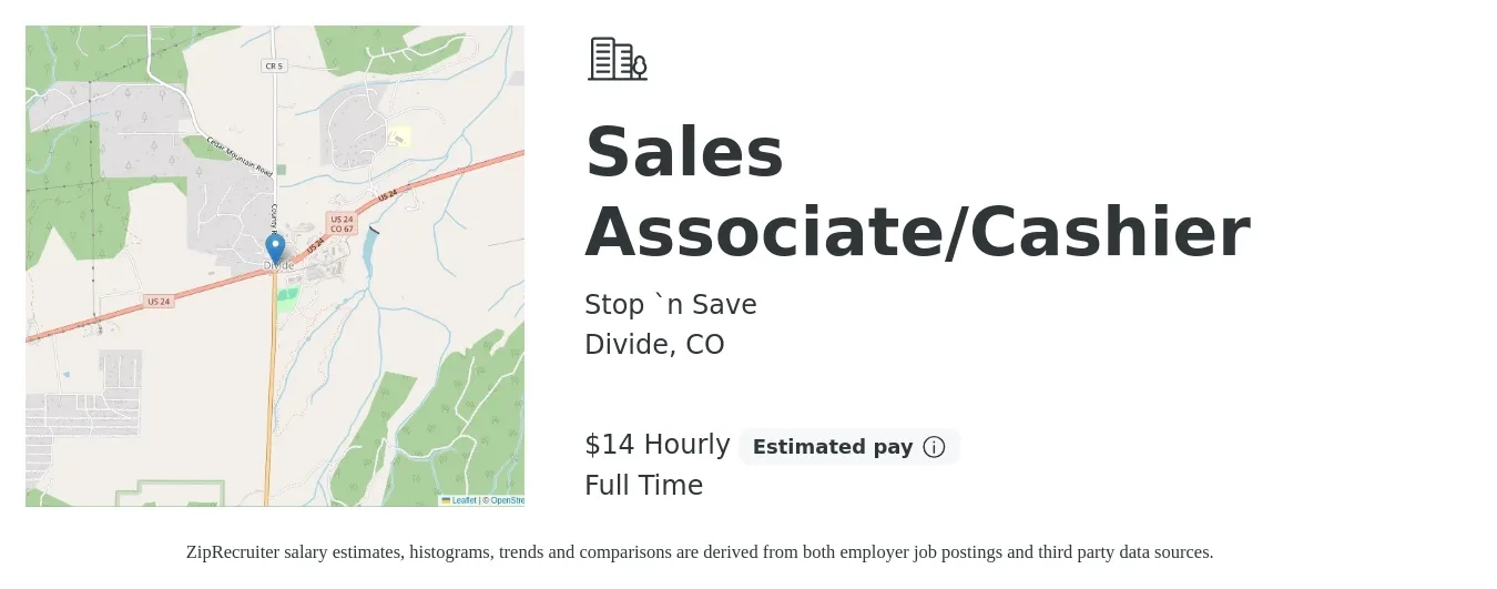 Stop `n Save job posting for a Sales Associate/Cashier in Divide, CO with a salary of $16 Hourly with a map of Divide location.