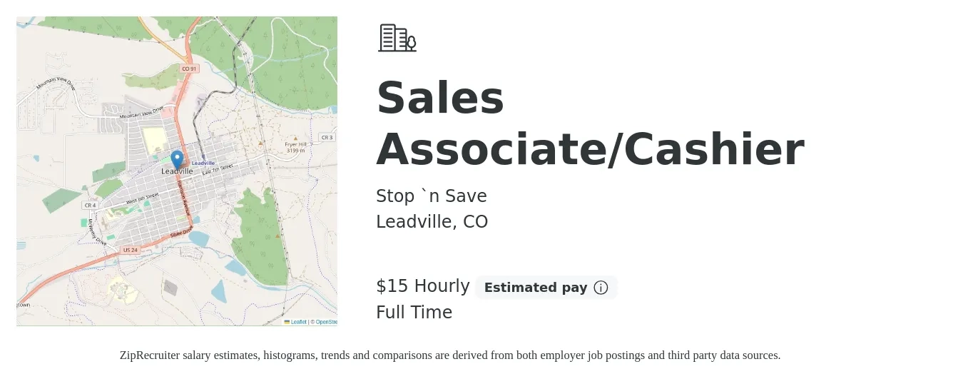 Stop `n Save job posting for a Sales Associate/Cashier in Leadville, CO with a salary of $16 Hourly with a map of Leadville location.