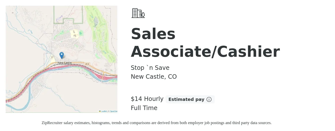 Stop n Save job posting for a Sales Associate/Cashier in New Castle, CO with a salary of $15 Hourly with a map of New Castle location.