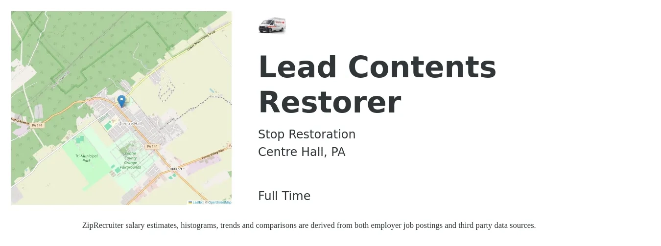 Stop Restoration job posting for a Lead Contents Restorer in Centre Hall, PA with a salary of $91,800 to $150,600 Yearly with a map of Centre Hall location.