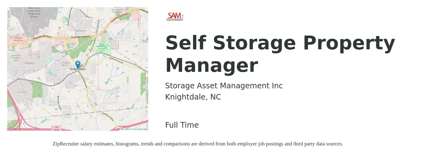 Storage Asset Management Inc job posting for a Self Storage Property Manager in Knightdale, NC with a salary of $15 to $17 Hourly with a map of Knightdale location.