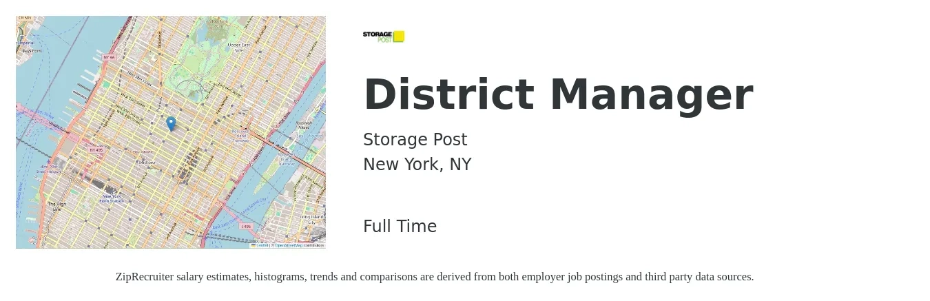 Storage Post job posting for a District Manager in New York, NY with a salary of $70,600 to $100,700 Yearly with a map of New York location.