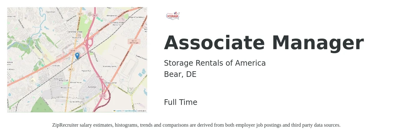 Storage Rentals of America job posting for a Associate Manager in Bear, DE with a salary of $17 to $30 Hourly with a map of Bear location.