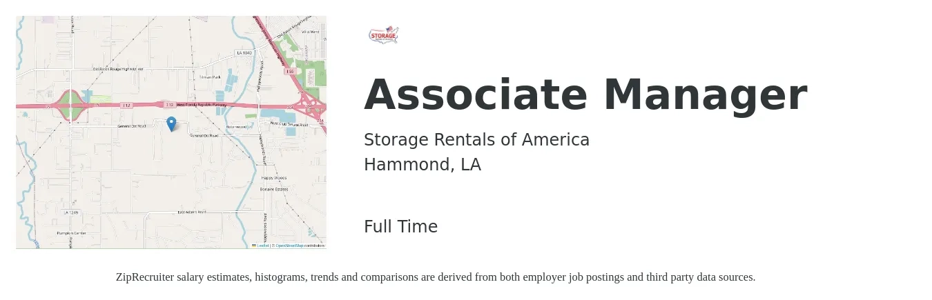 Storage Rentals of America job posting for a Associate Manager in Hammond, LA with a salary of $15 to $26 Hourly with a map of Hammond location.