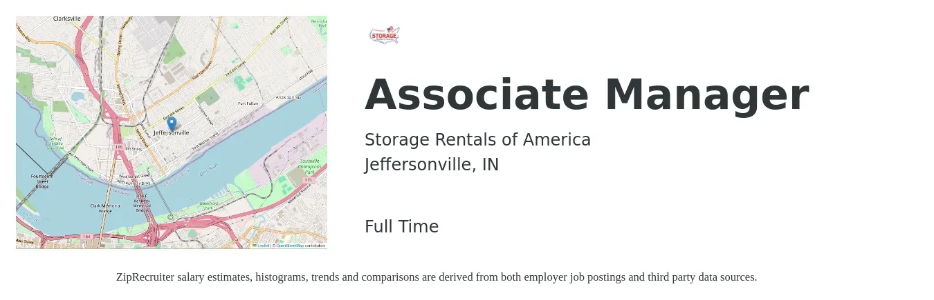 Storage Rentals of America job posting for a Associate Manager in Jeffersonville, IN with a salary of $17 to $30 Hourly with a map of Jeffersonville location.